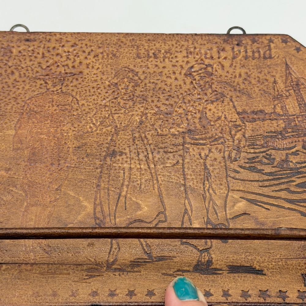 Antique WWI Pyrography Wood Soldier Nurse Sailor Tie Rack Christmas Inscription - Picture 9 of 9
